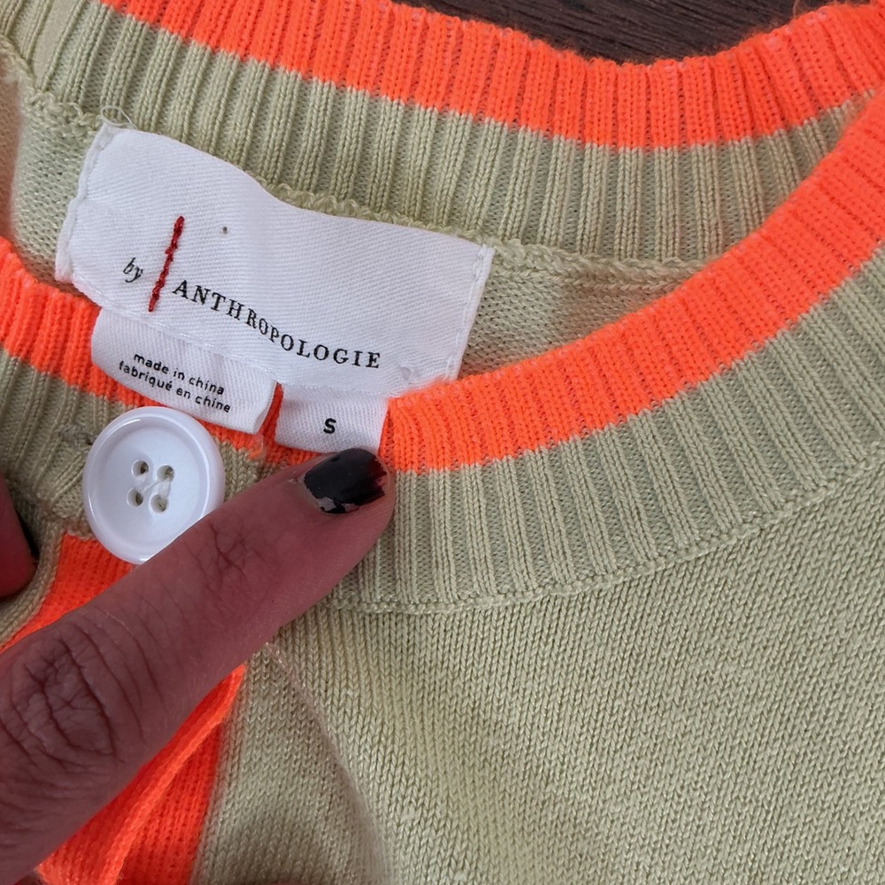 Anthropologie Cardigan Striped Lime Green Neon Orange Button Front Size S Knit - Picture 3 of 8